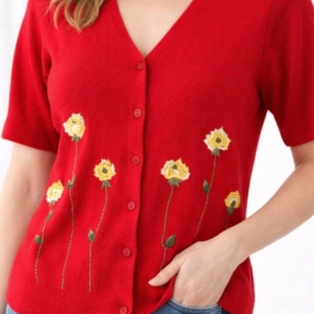 Vintage R&K Originals Red Floral Embroidered Cardigan Ramie Blend Size 12 - Picture 4 of 5